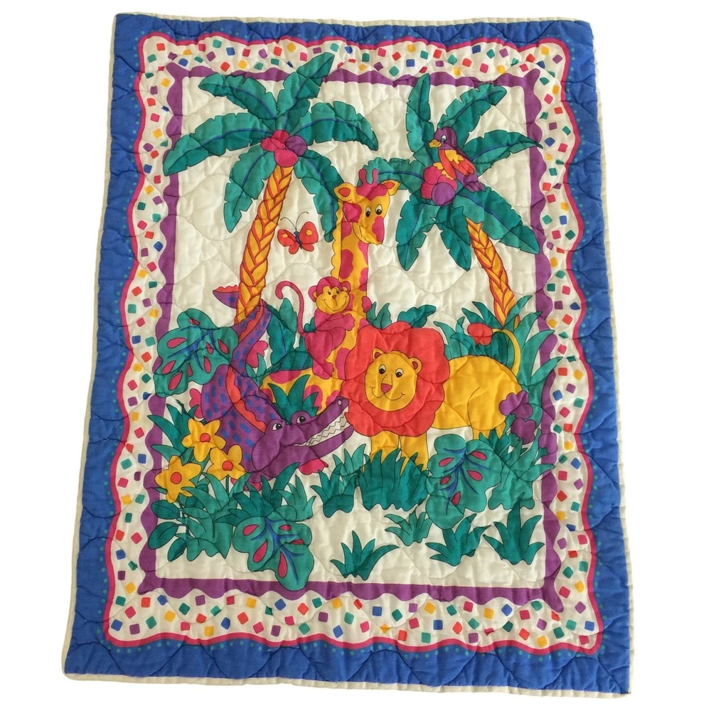 Handmade Jungle Animal‎ Quilt 41x31 Blue Vintage 90s Safari Nursery Baby Blanket